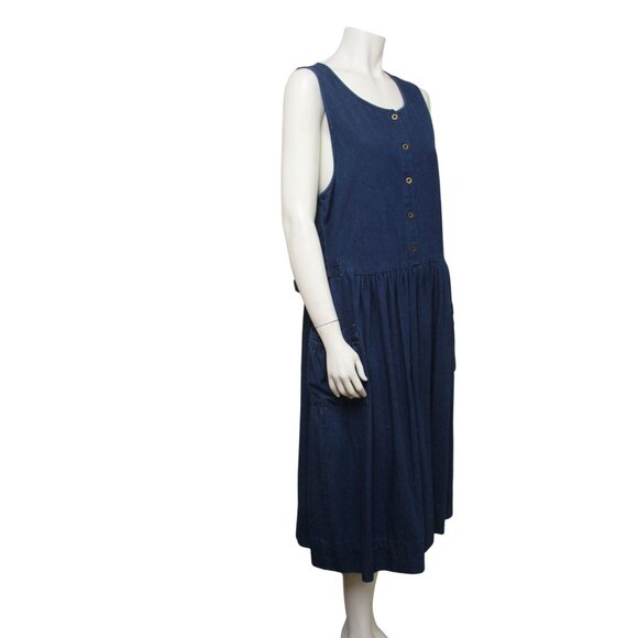 Vintage Y2K Denim Dress Size Large Eddie Bauer Button Pockets 90s Modest Prairie - Picture 2 of 6